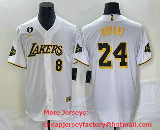 Men's Los Angeles Lakers #8 #24 Kobe Bryant White With Patch Cool Base Stitched Baseball Jersey 07