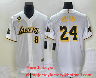Men's Los Angeles Lakers #8 #24 Kobe Bryant White With Patch Cool Base Stitched Baseball Jersey 08
