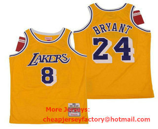Men's Los Angeles Lakers #8 #24 Kobe Bryant Yellow Hardwood Classics Soul Swingman Throwback Jersey