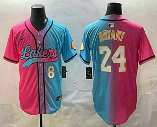 Men's Los Angeles Lakers #8 24 Kobe Bryant Pink Blue Split Limited Baseball Jersey