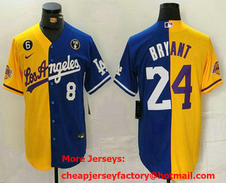Men's Los Angeles Lakers #8 24 Kobe Bryant Yellow Blue Split Cool Base Stitched Baseball Jersey