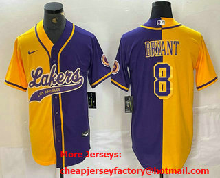 Men's Los Angeles Lakers #8 Kobe Bryant Gold Purple Split Stitched Baseball Jersey