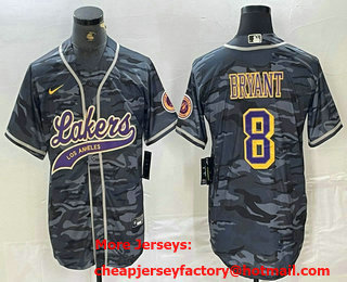 Men's Los Angeles Lakers #8 Kobe Bryant Grey Camo Cool Base Stitched Baseball Jersey