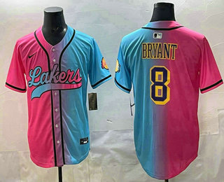 Men's Los Angeles Lakers #8 Kobe Bryant Pink Blue Split Limited Baseball Jersey