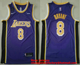 Men's Los Angeles Lakers #8 Kobe Bryant Purple With KB Patch 2018-2019 Nike Wish Swingman Stitched NBA Jersey