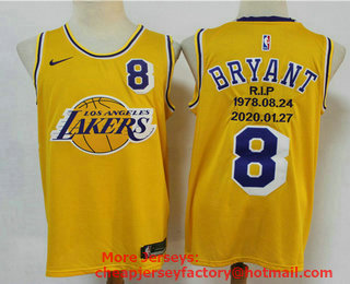 Men's Los Angeles Lakers #8 Kobe Bryant Yellow R.I.P Signed Hardwood Classics Soul Swingman Throwback Jersey