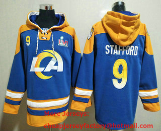 Men's Los Angeles Rams #9 Matthew Stafford 2022 Blue Super Bowl LVI Champions Pullover Hoodie