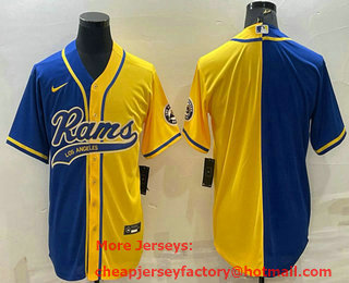 Men's Los Angeles Rams Blank Royal Yellow Split With Patch Cool Base Stitched Baseball Jersey