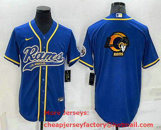 Men's Los Angeles Rams Blue Team Big Logo With Patch Cool Base Stitched Baseball Jersey