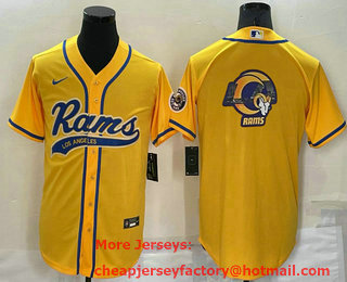 Men's Los Angeles Rams Yellow Team Big Logo With Patch Cool Base Stitched Baseball Jersey