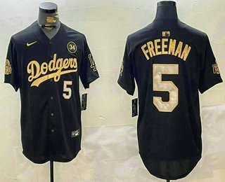 Men's Los Men's Los Angeles Dodgers #5 Freddie Freeman Black Gold 2024 World Series 34 Patch Stitched Cool Base Jersey