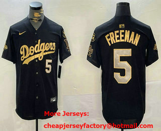 Men's Los Men's Los Angeles Dodgers #5 Freddie Freeman Black Gold 2024 World Series Champions Fernando 34 Patch Stitched Jersey
