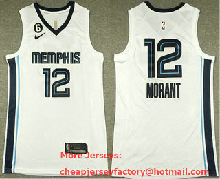 Men's Memphis Grizzlies #12 Ja Morant White With 6 Patch 2022 Nike Stitched Jersey With Sponsor