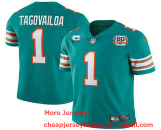 Men's Miami Dolphins #1 Tua Tagovailoa 2022 Aqua With 50th Perfect Season Patch Limited Stitched Jersey 03