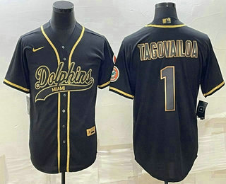 Men's Miami Dolphins #1 Tua Tagovailoa Black Gold With Patch Cool Base Stitched Baseball Jersey