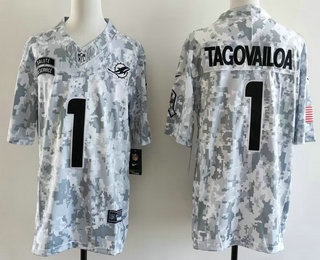 Men's Miami Dolphins #1 Tua Tagovailoa Limited Arctic Camo 2024 Salute to Service Jersey