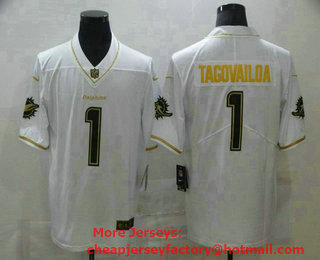 Men's Miami Dolphins #1 Tua Tagovailoa White 100th Season Golden Edition Jersey