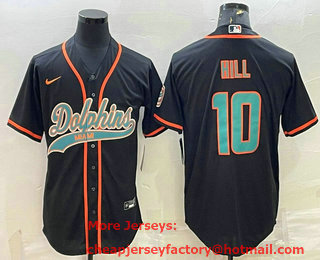 Men's Miami Dolphins #10 Tyreek Hill Black With Patch Cool Base Stitched Baseball Jersey