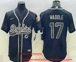 Men's Miami Dolphins #17 Jaylen Waddle Black Reflective With Patch Cool Base Stitched Baseball Jersey