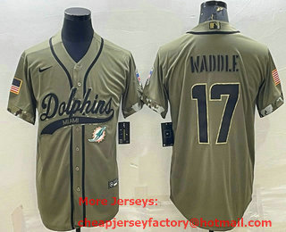 Men's Miami Dolphins #17 Jaylen Waddle Olive 2022 Salute To Service Cool Base Stitched Baseball Jersey