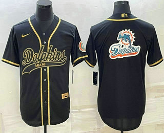Men's Miami Dolphins Black Gold Team Big Logo With Patch Cool Base Stitched Baseball Jersey
