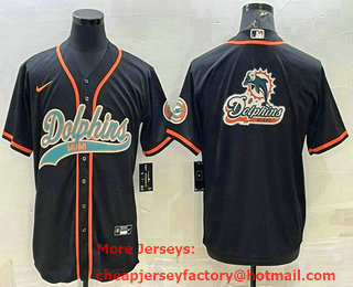 Men's Miami Dolphins Black Team Big Logo With Patch Cool Base Stitched Baseball Jersey