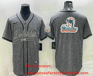 Men's Miami Dolphins Grey Gridiron Team Big Logo With Patch Cool Base Stitched Baseball Jersey