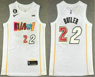 Men's Miami Heat #22 Jimmy Butler White 6 Patch Classic 2022 Icon Swingman Jersey