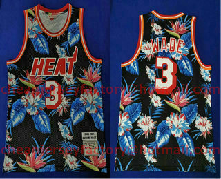 Men's Miami Heat #3 Dwyane Wade 2003-04 Ness Floral Fashion Hardwood Classics Soul Swingman Throwback Jersey