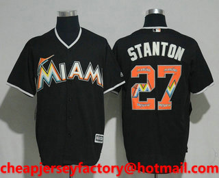 Men's Miami Marlins #27 Giancarlo Stanton Black Team Logo Ornamented Stitched MLB Cool Base Jersey