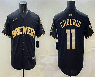 Men's Milwaukee Brewers #11 Jackson Chourio Black Gold With Home Patch Limited Stitched Baseball Jersey