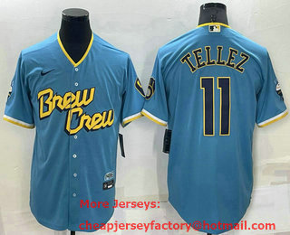 Men's Milwaukee Brewers #11 Rowdy Tellez Blue 2022 City Connect Cool Base Stitched Jersey