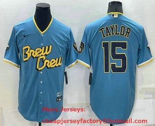 Men's Milwaukee Brewers #15 Tyrone Taylor Blue 2022 City Connect Cool Base Stitched Jersey