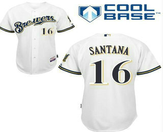 Men's Milwaukee Brewers #16 Domingo Santana White Home Stitched Baseball Jersey