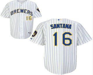 Men's Milwaukee Brewers #16 Domingo Santana White Pinstirpe Stitched Baseball Jersey