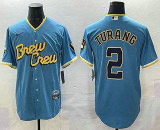 Men's Milwaukee Brewers #2 Brice Turang Powder Blue City Connect Limited Jersey