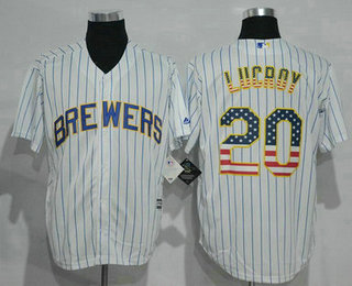 Men's Milwaukee Brewers #20 Jonathan Lucroy White Pinstripe USA Flag Fashion MLB Baseball Jersey