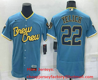 Men's Milwaukee Brewers #22 Christian Yelich Blue 2022 City Connect Flex Base Stitched Jersey