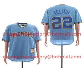 Men's Milwaukee Brewers #22 Christian Yelich Light Blue Pullover Throwback Cooperstown Collection Stitched MLB Mitchell & Ness Jersey