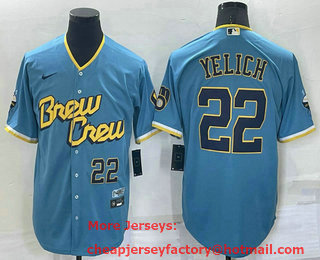 Men's Milwaukee Brewers #22 Christian Yelich Number Blue 2022 City Connect Cool Base Stitched Jersey