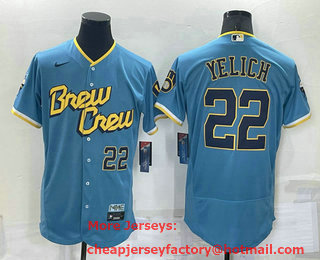 Men's Milwaukee Brewers #22 Christian Yelich Number Blue 2022 City Connect Flex Base Stitched Jersey