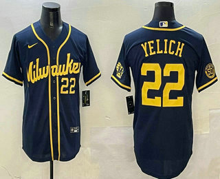 Men's Milwaukee Brewers #22 Christian Yelich Number Navy Blue Stitched Cool Base Nike Jersey