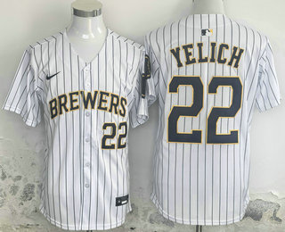 Men's Milwaukee Brewers #22 Christian Yelich Number White Pinstripe Limited Stitched Jersey