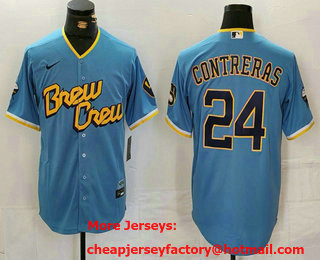 Men's Milwaukee Brewers #24 William Contreras Blue 2022 City Connect Cool Base Stitched Jersey