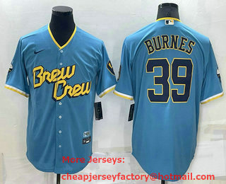 Men's Milwaukee Brewers #39 Corbin Burnes Blue 2022 City Connect Cool Base Stitched Jersey