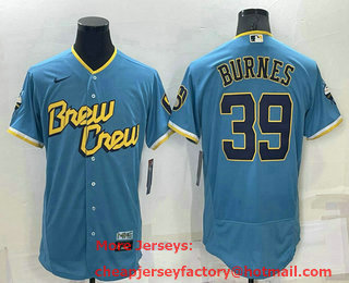 Men's Milwaukee Brewers #39 Corbin Burnes Blue 2022 City Connect Flex Base Stitched Jersey