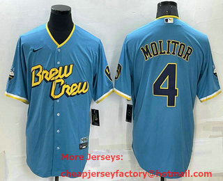 Men's Milwaukee Brewers #4 Paul Molitor Blue 2022 City Connect Cool Base Stitched Jersey