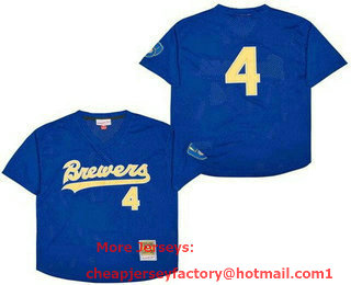 Men's Milwaukee Brewers #4 Paul Molitor Blue Mesh Throwback Jersey