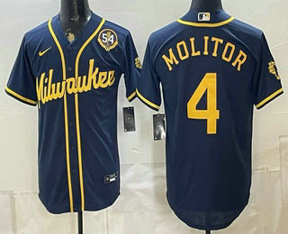 Men's Milwaukee Brewers #4 Paul Molitor Navy With 54 Seasons Patch Limited Stitched Jersey
