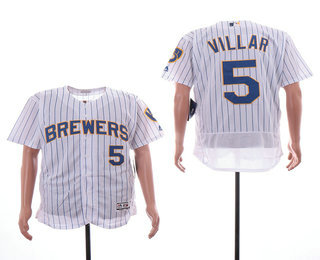 Men's Milwaukee Brewers #5 Jonathan Villar White Pinstripe Stitched MLB Cool Base Jersey